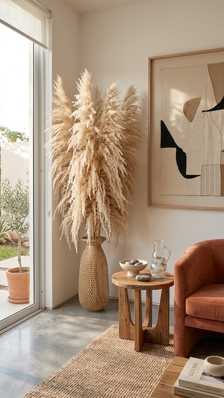 Jarrón artesanal 60cm + 5 unidades de pampas importadas 160cm